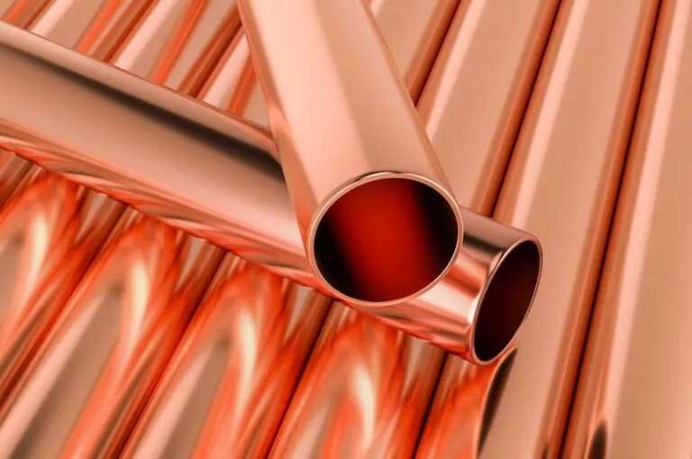 Copper pipes background, 3D rendering